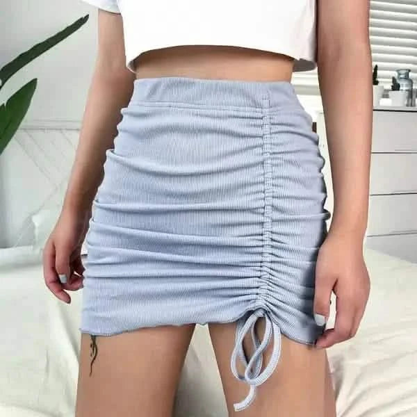 Light blue ruched mini skirt with drawstring detail on the side.