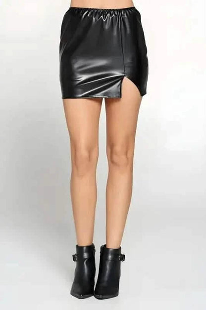 Black faux leather mini skirt with a side slit and elastic waistband.