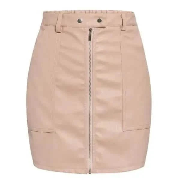 Beige faux leather mini skirt with front zipper and patch pockets.