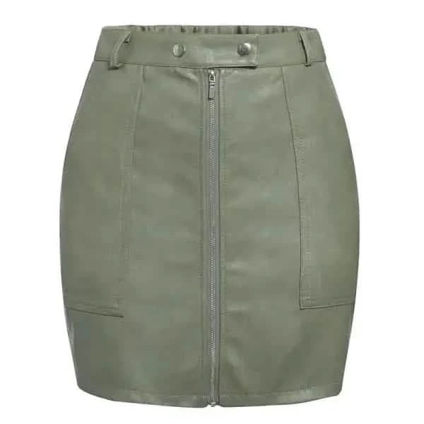 Olive green faux leather mini skirt with front zipper and pockets.