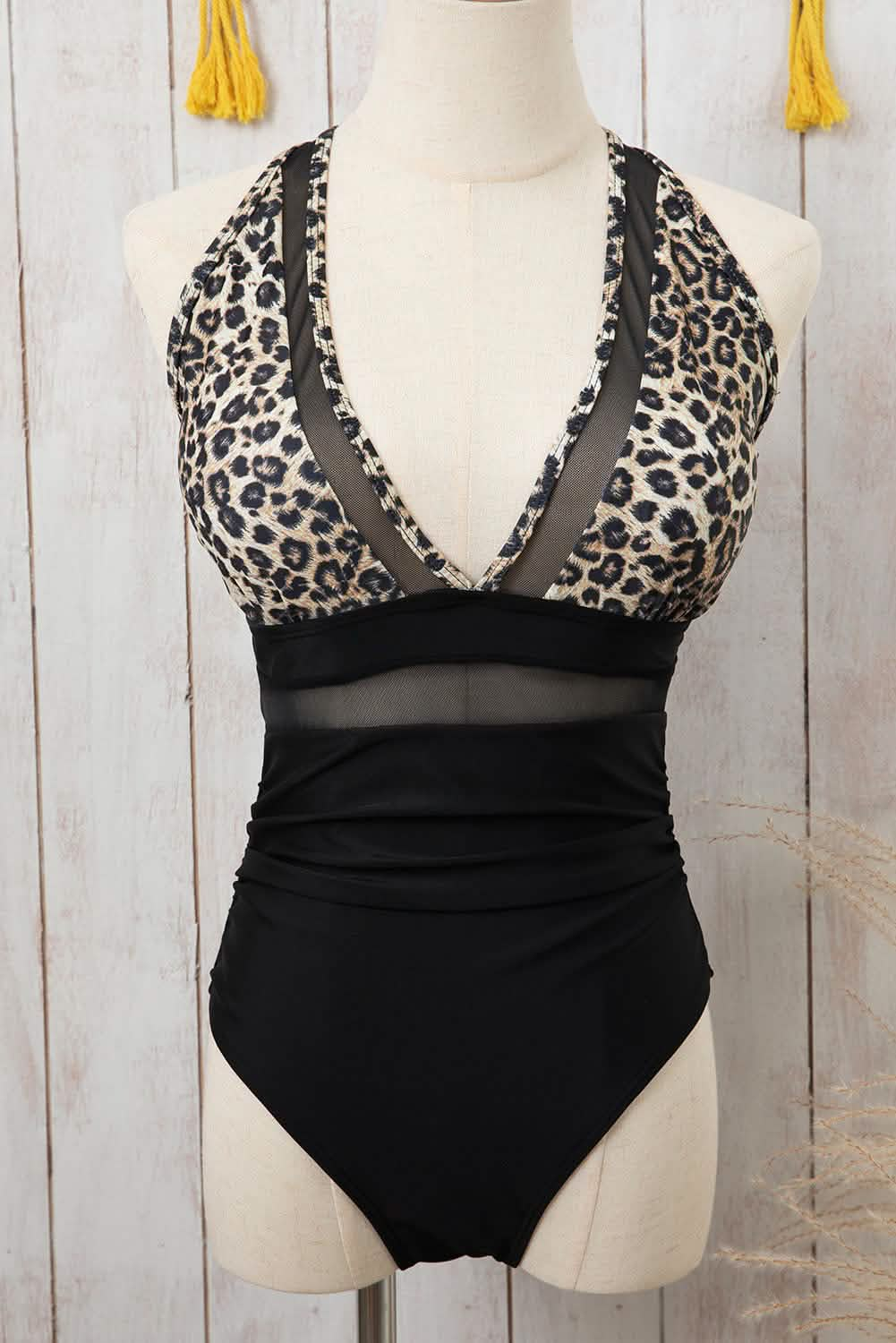 Brown Leopard Mesh Monokini One-Piece.