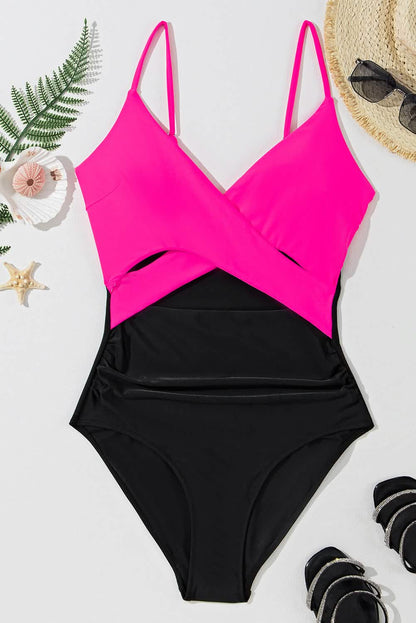 Rose Red Two-tone One Piece Swimsuit.