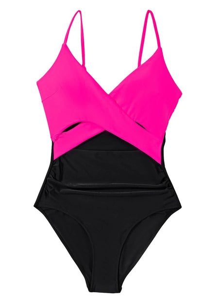 Rose Red Two-tone One Piece Swimsuit.