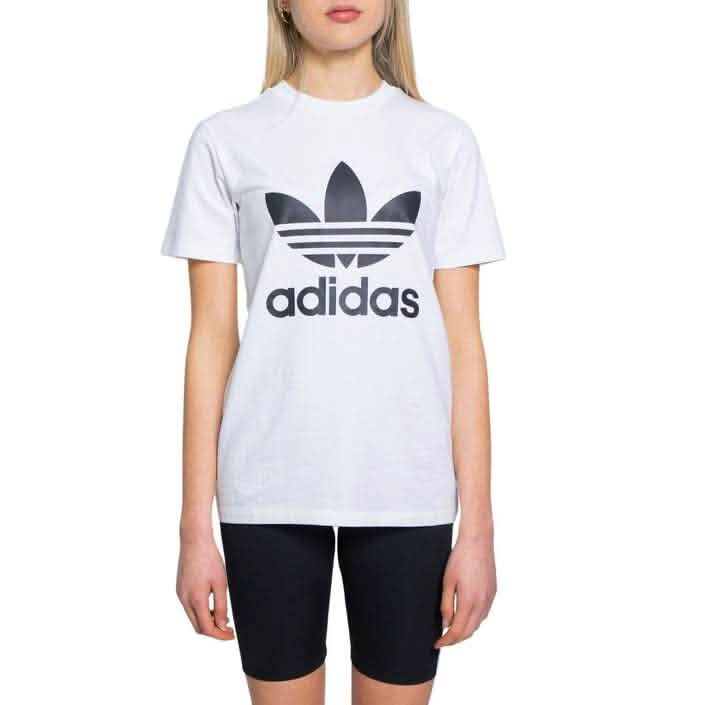 White Adidas t-shirt with black trefoil logo.