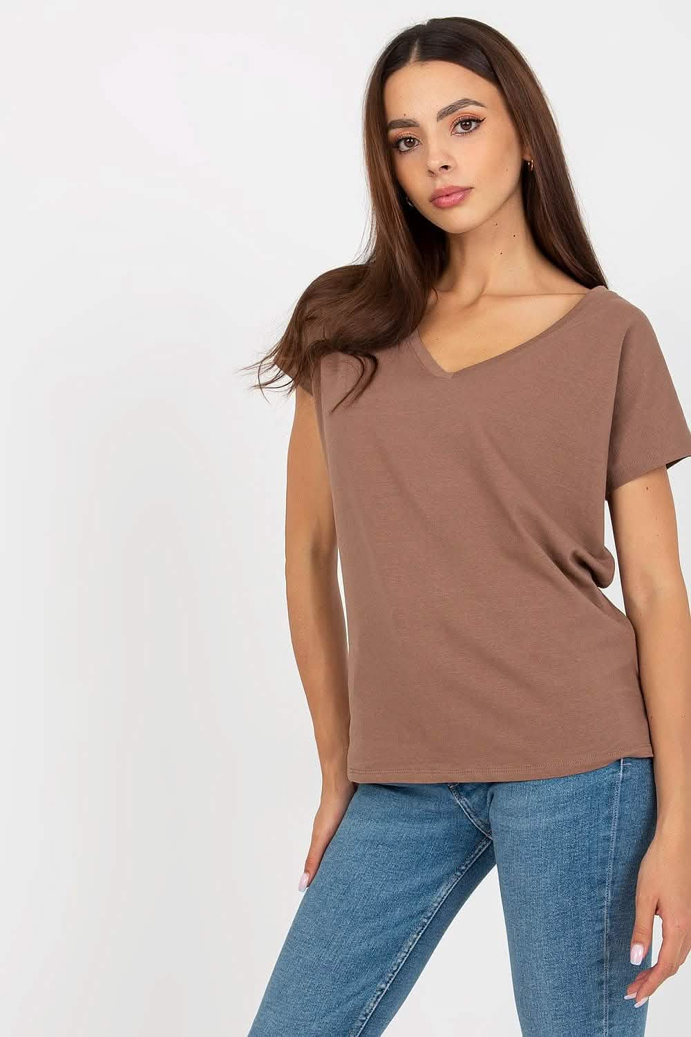 Brown v-neck t-shirt with short sleeves.