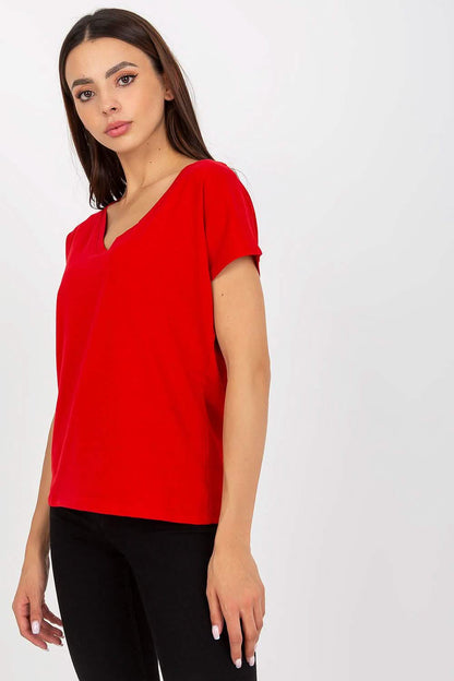 Red v-neck t-shirt with short sleeves.