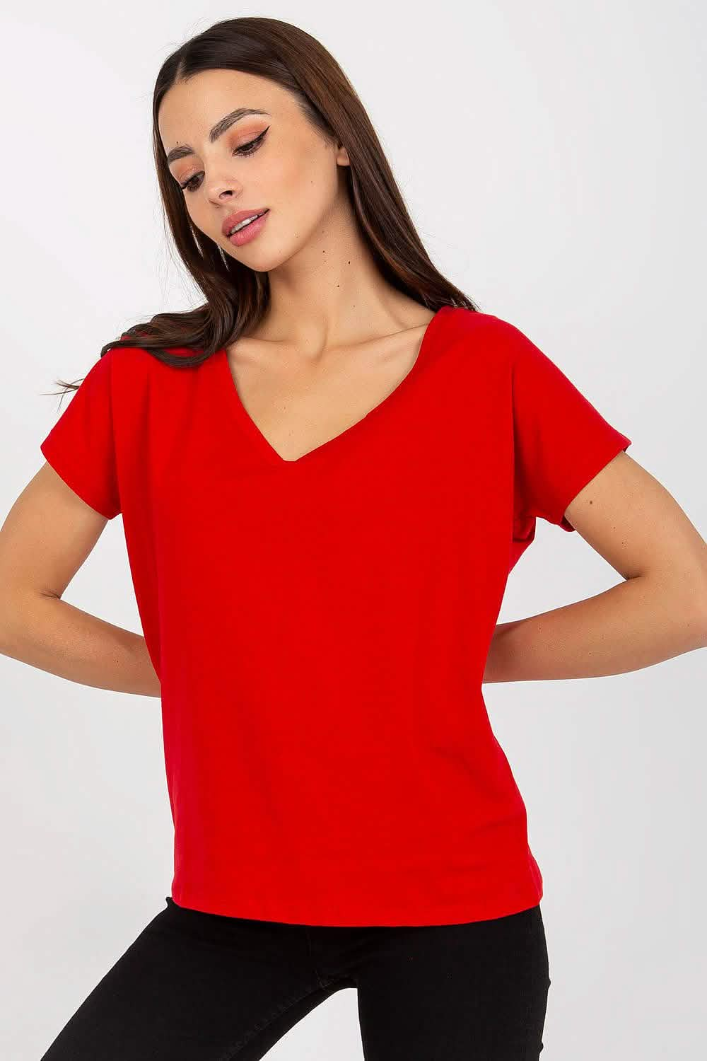 Red v-neck t-shirt with short sleeves.