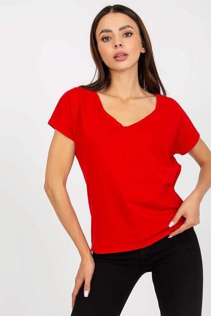 Red v-neck t-shirt with short sleeves.