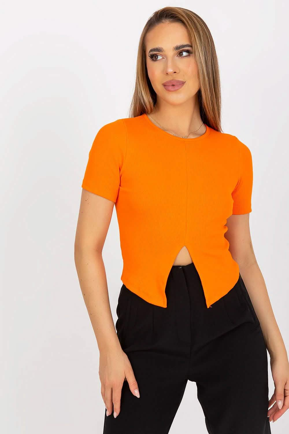 Bright orange cropped t-shirt with a split front hem design.