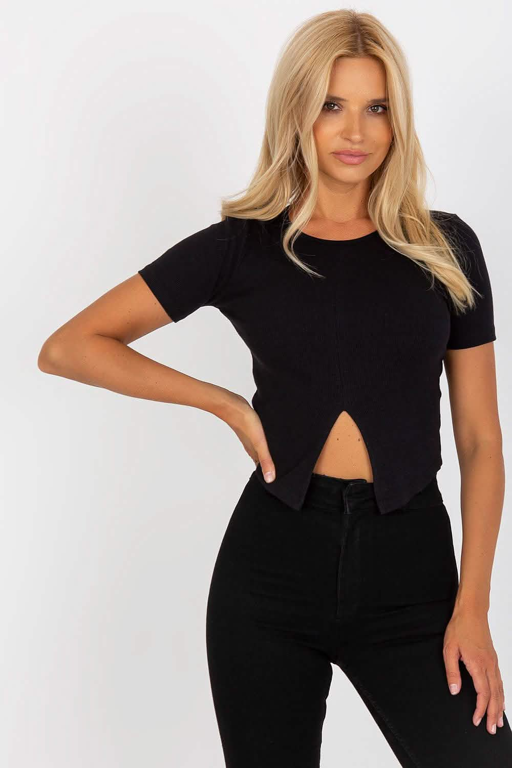 A black cropped t-shirt with a triangular cutout at the waist.