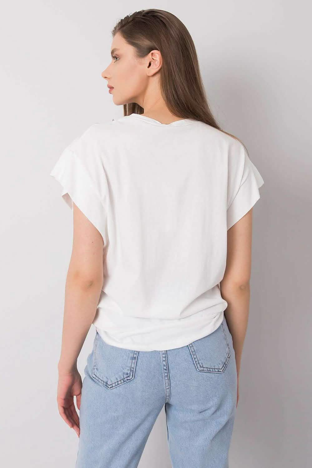 Back view of a plain white t-shirt with rolled sleeves worn with light blue jeans.