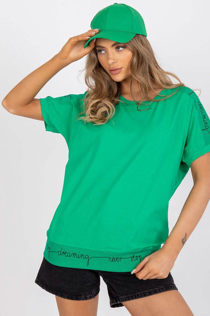 Bright green t-shirt paired with a matching baseball cap.