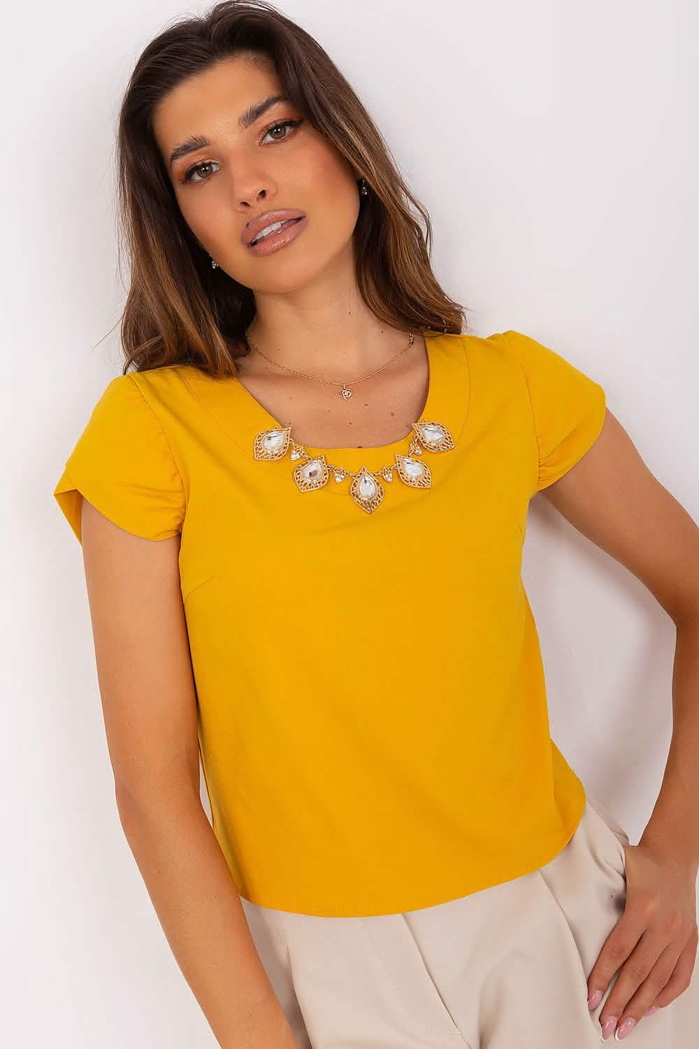 Bright yellow scoop-neck t-shirt with short cap sleeves.