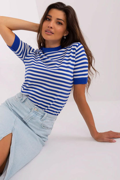 Classic blue and white striped t-shirt with royal blue trim at the neckline and sleeves.