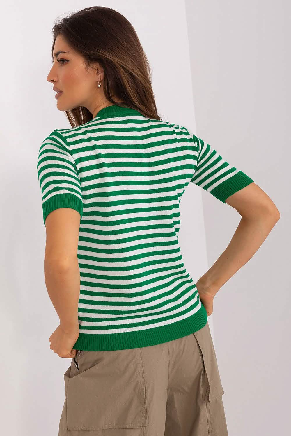 Green and white striped short-sleeve knit top with ribbed trim.