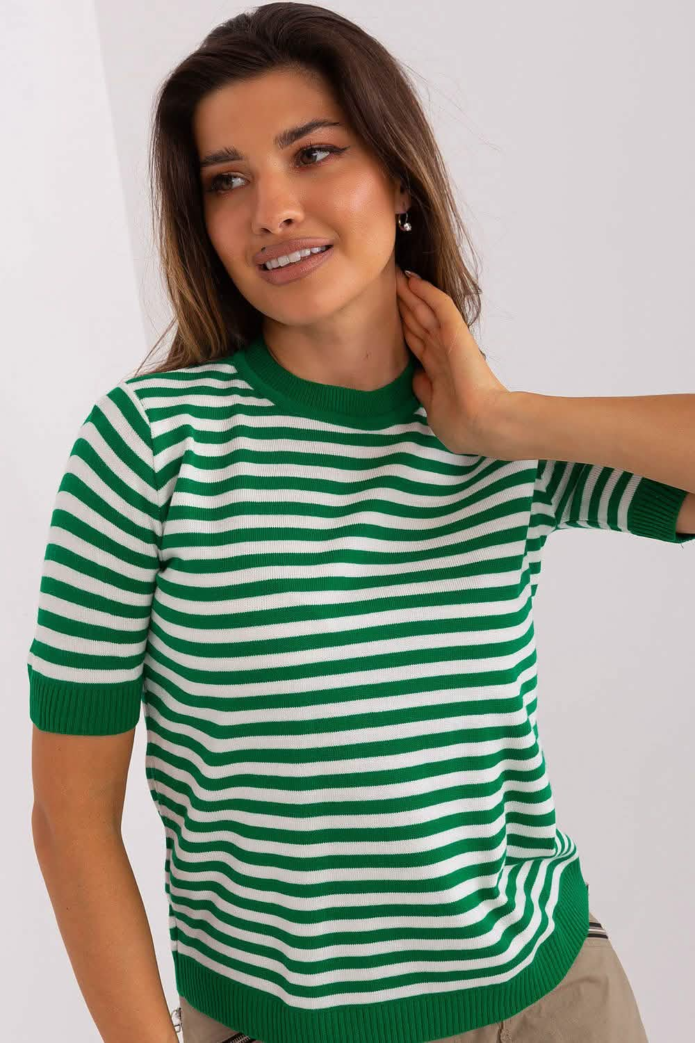 Green and white striped short-sleeve sweater with ribbed trim.