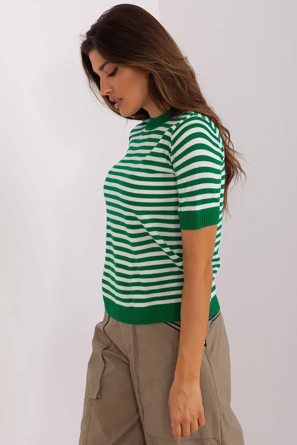 Green and white striped short-sleeve knit top with ribbed trim.