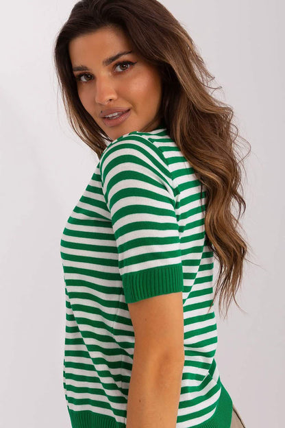 Green and white striped short-sleeve knit top with ribbed trim.