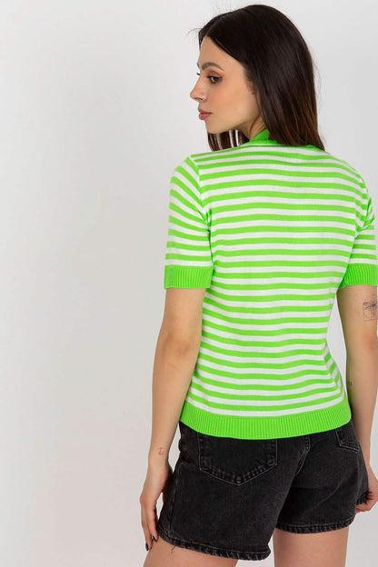 Lime green and white striped short-sleeve knit top viewed from behind.