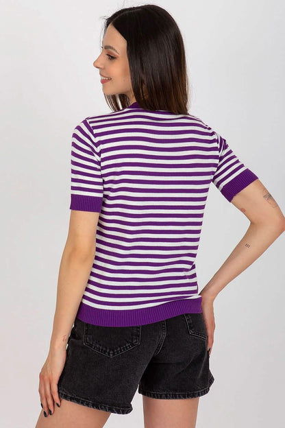 Purple and white striped short-sleeve knit top with ribbed trim.