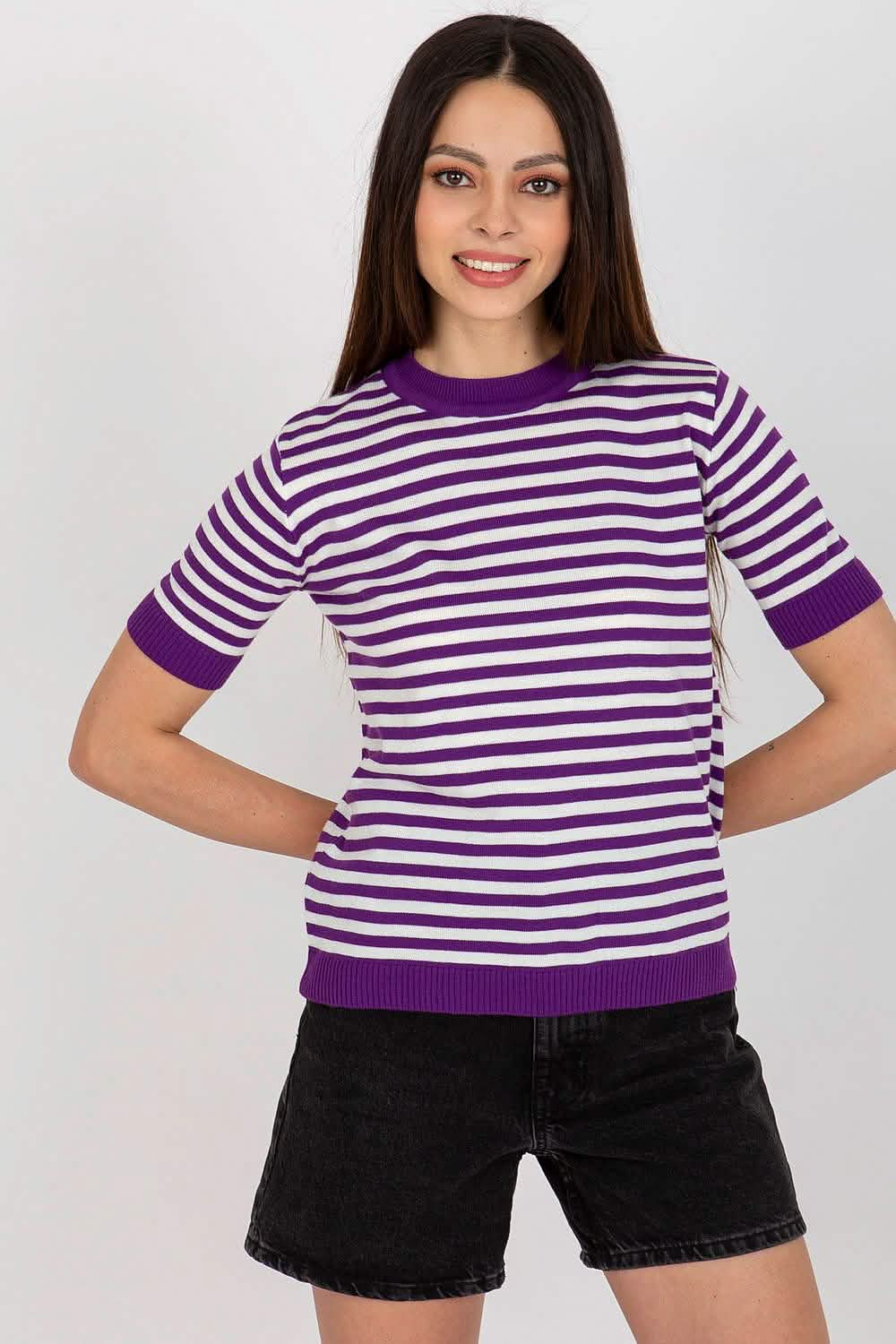 Purple and white striped short-sleeve sweater with ribbed trim.