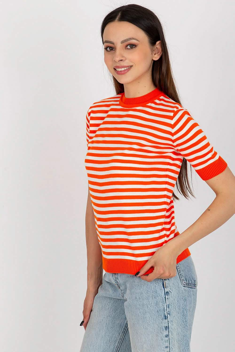 Red and white striped short-sleeve knit top with ribbed trim.