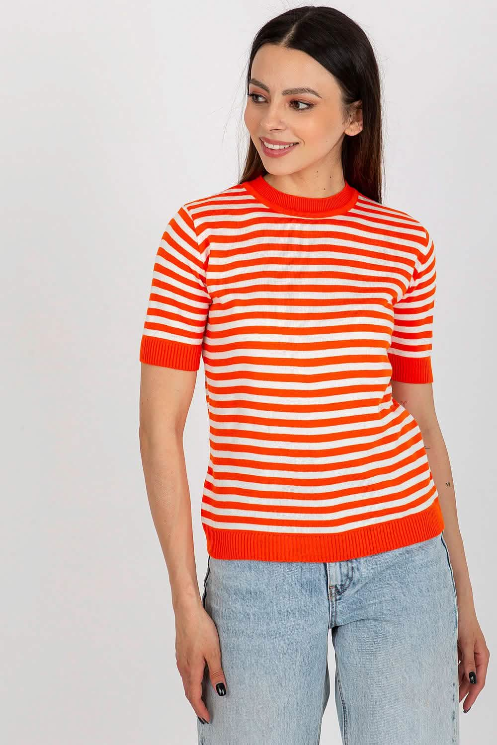 Red and white striped short-sleeve knit sweater with ribbed trim.