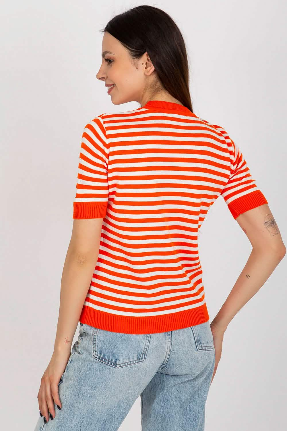 Red and white striped short-sleeve knit sweater with ribbed trim.