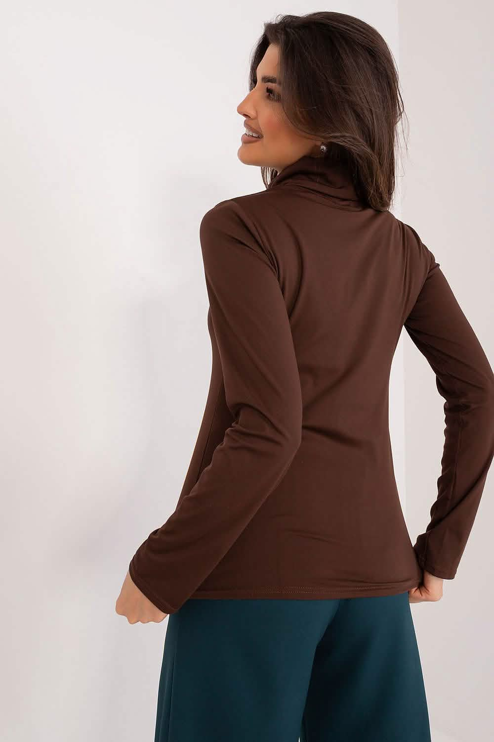 Brown turtleneck sweater shown from the back view.