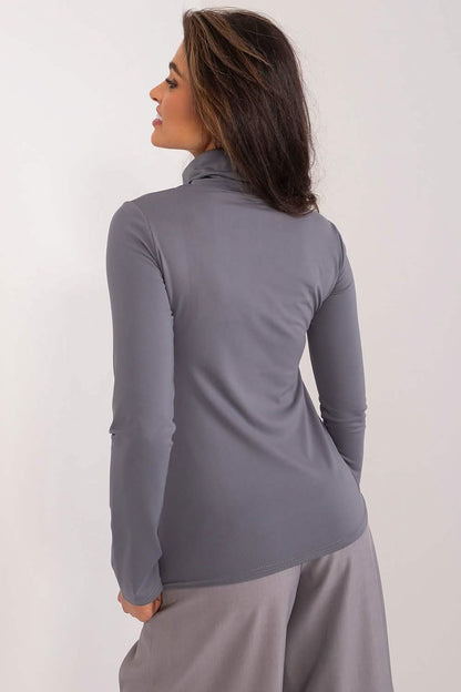 Gray turtleneck long-sleeve top with a fitted silhouette.