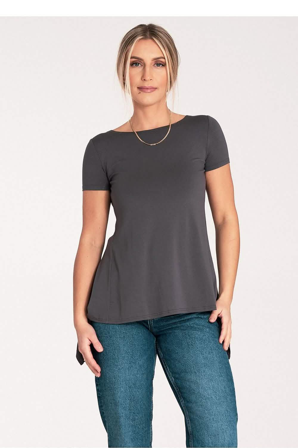 Dark gray short-sleeve top with a rounded neckline and flared silhouette.