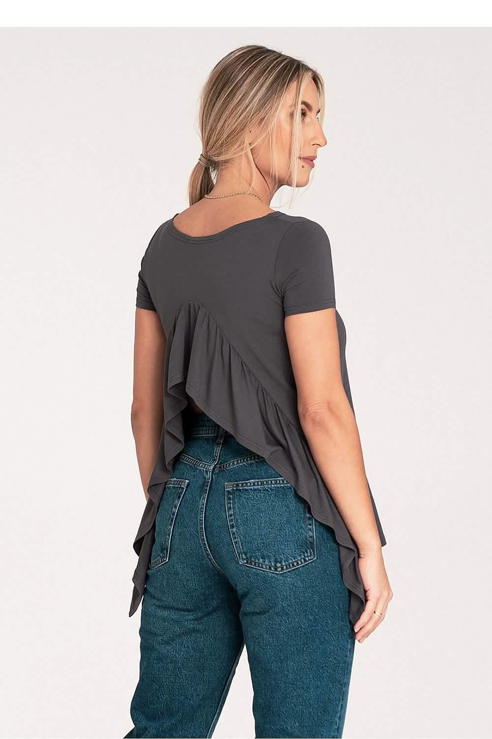 Dark gray t-shirt with a ruffled back detail worn with blue jeans.