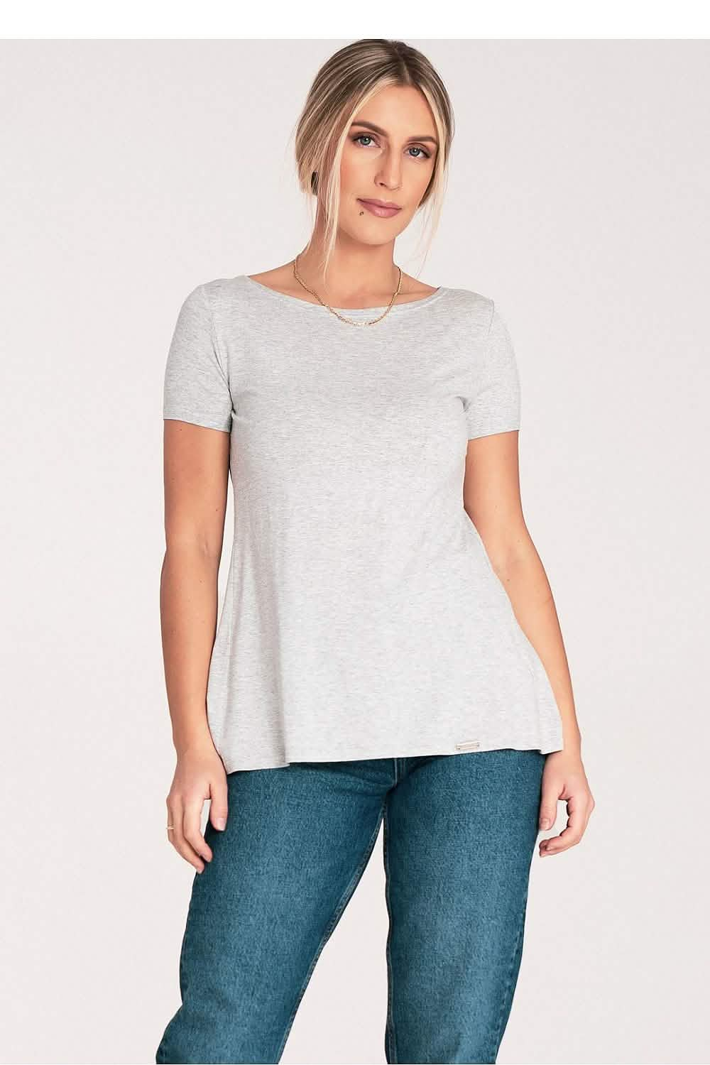 Simple light gray short-sleeve t-shirt with a rounded neckline.