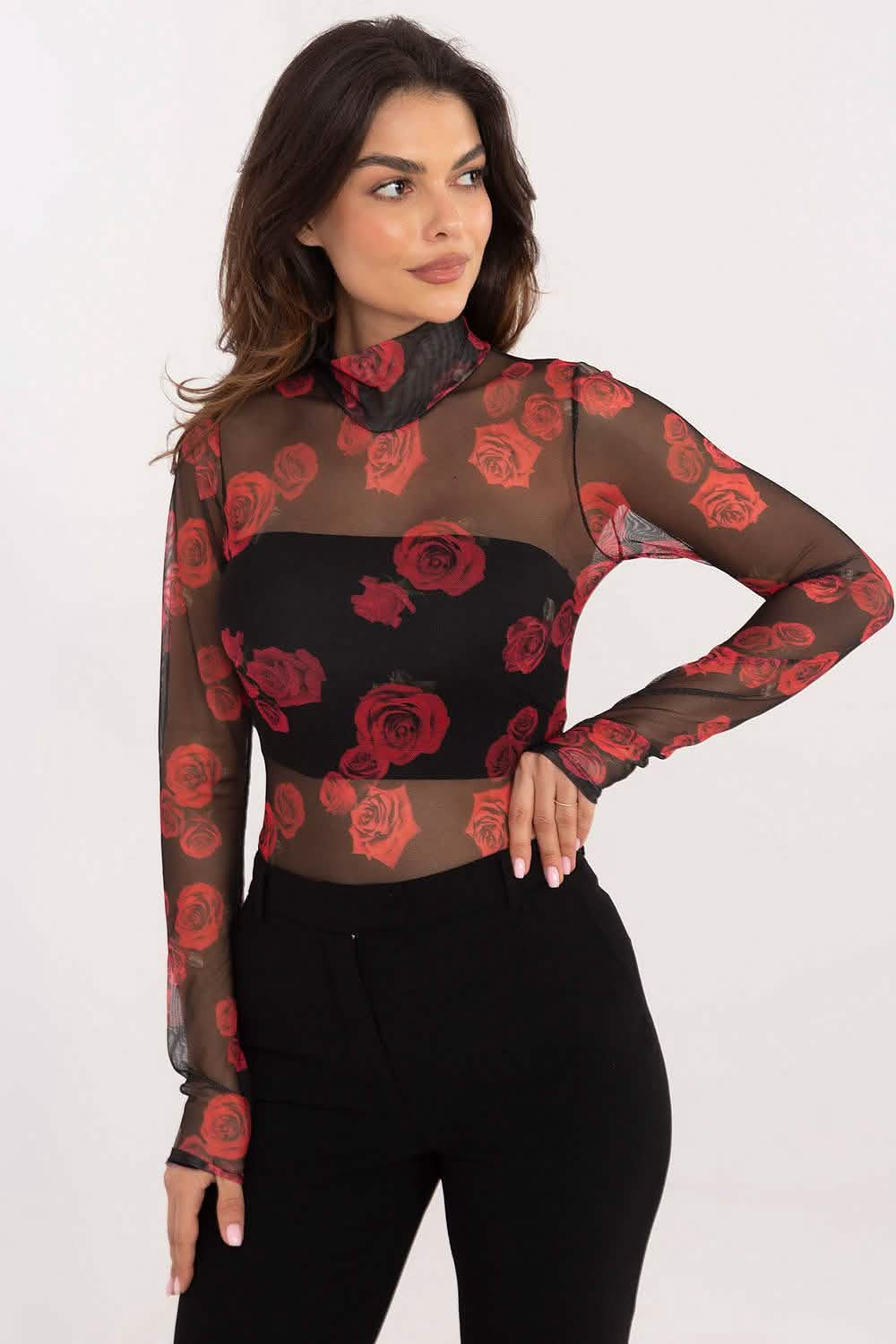 Sheer black mesh top with red rose print and a high neckline.