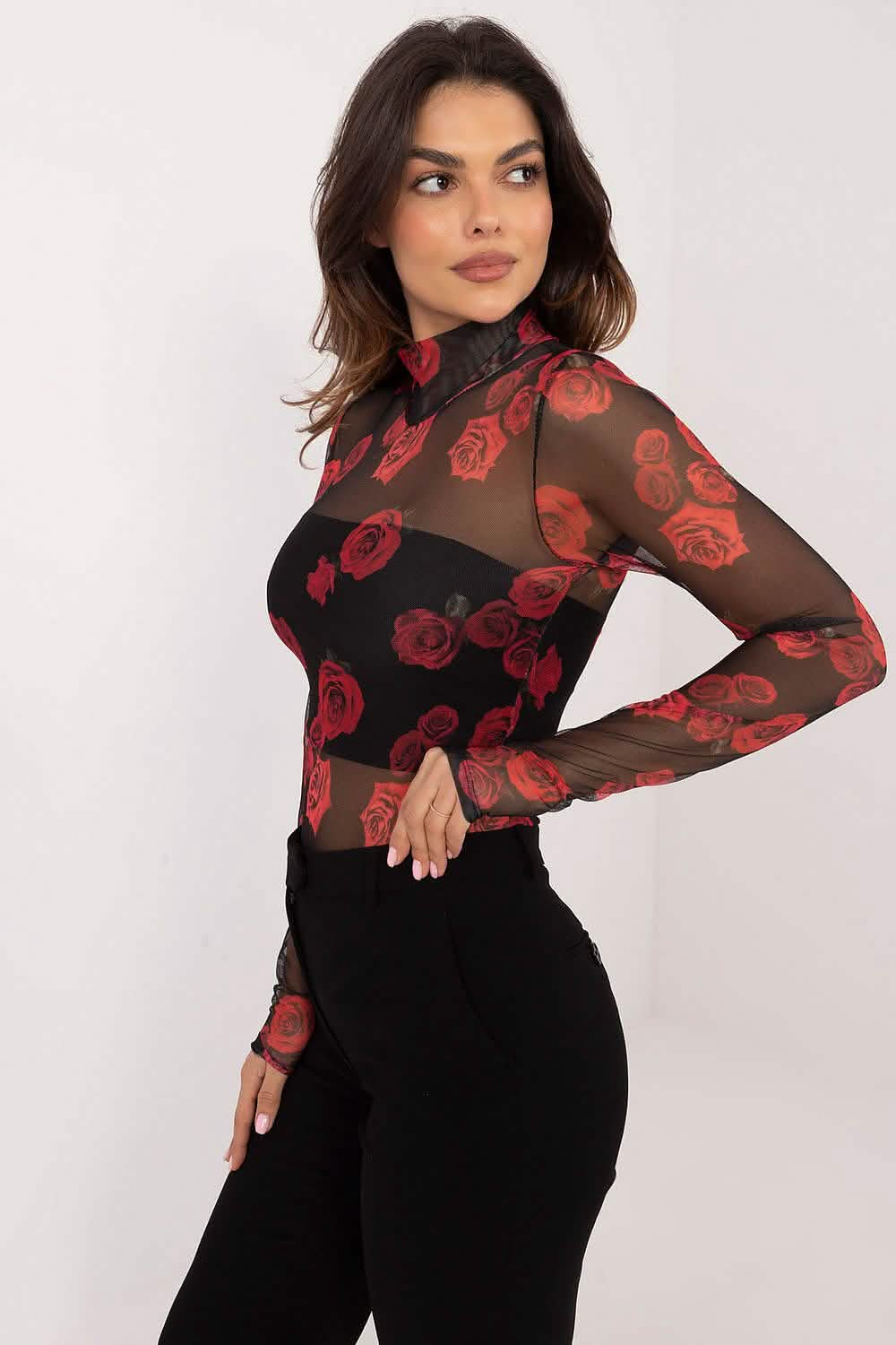 Sheer black turtleneck top with red rose print pattern and long sleeves.