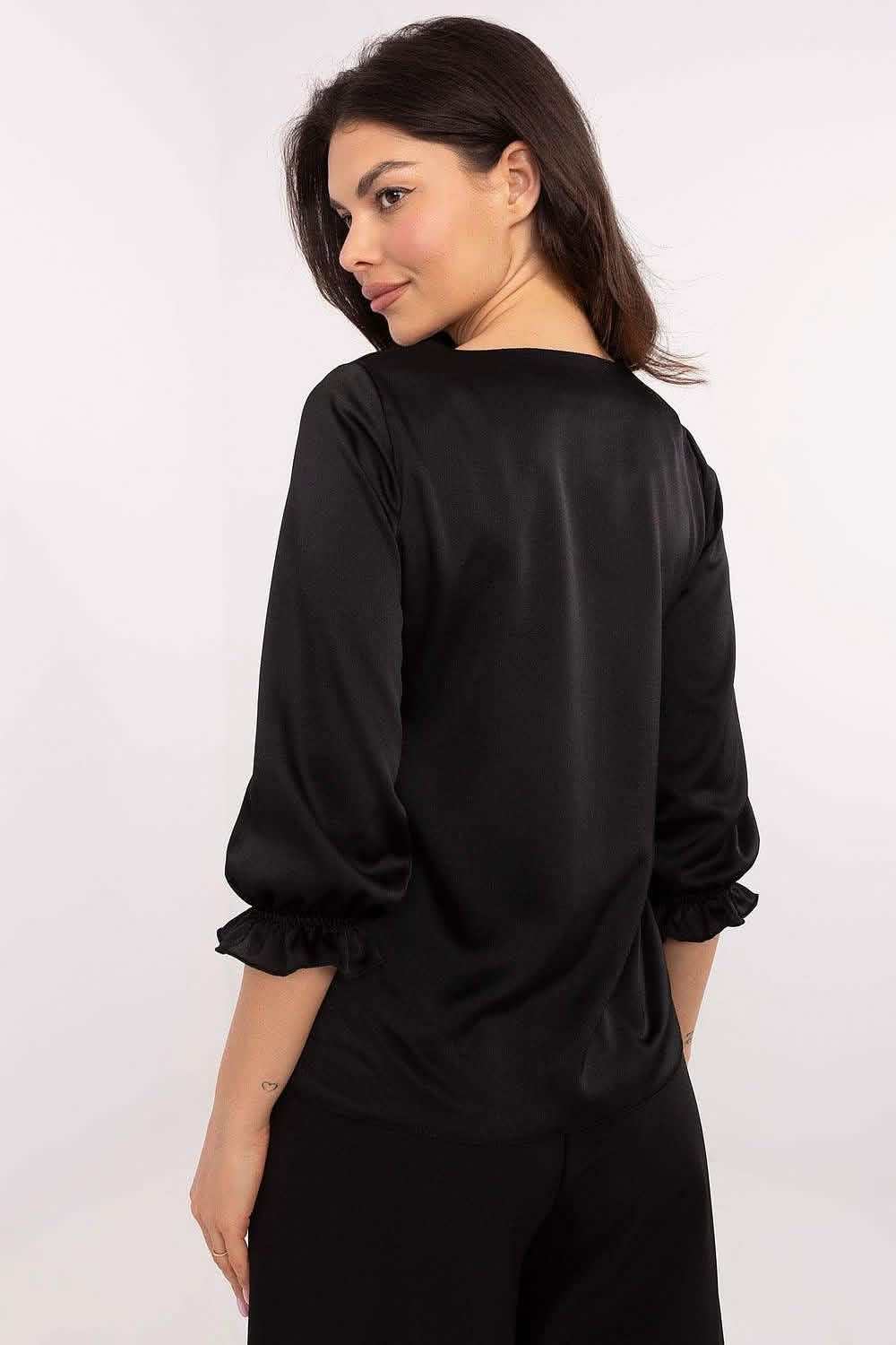 Black satin dress with three-quarter length sleeves shown from the back view.