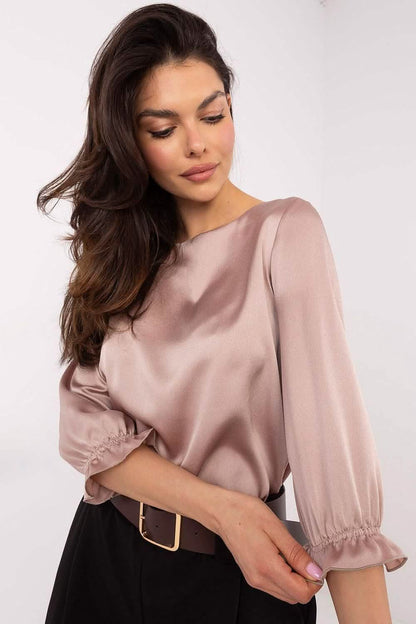 Dusty rose satin blouse with gathered three-quarter length sleeves.