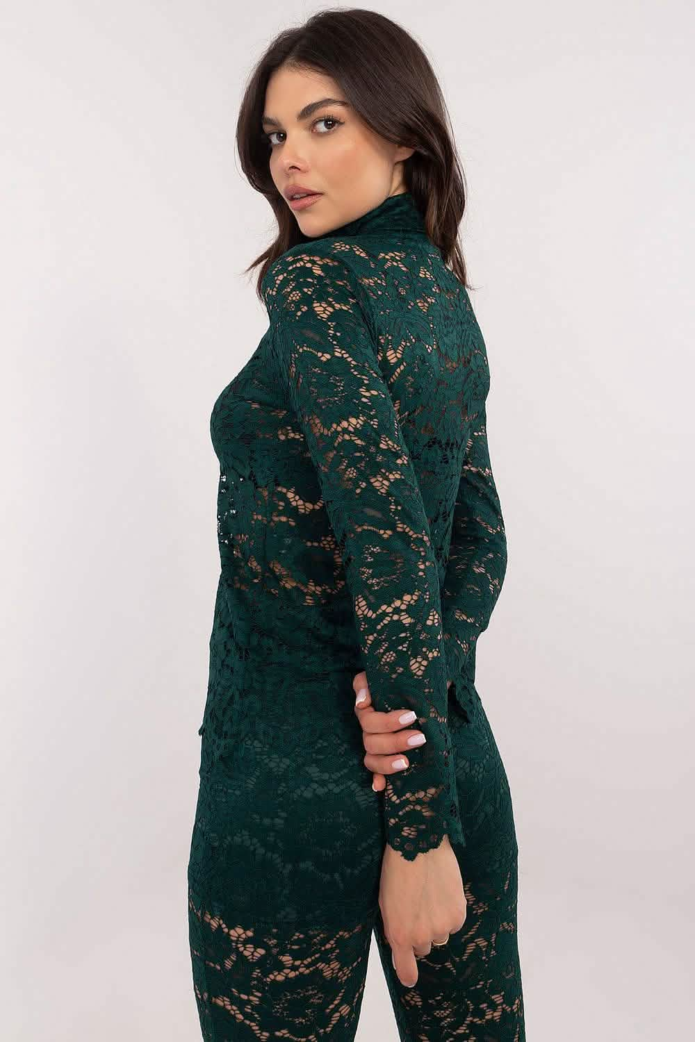 Elegant emerald green lace bodycon dress with long sleeves.