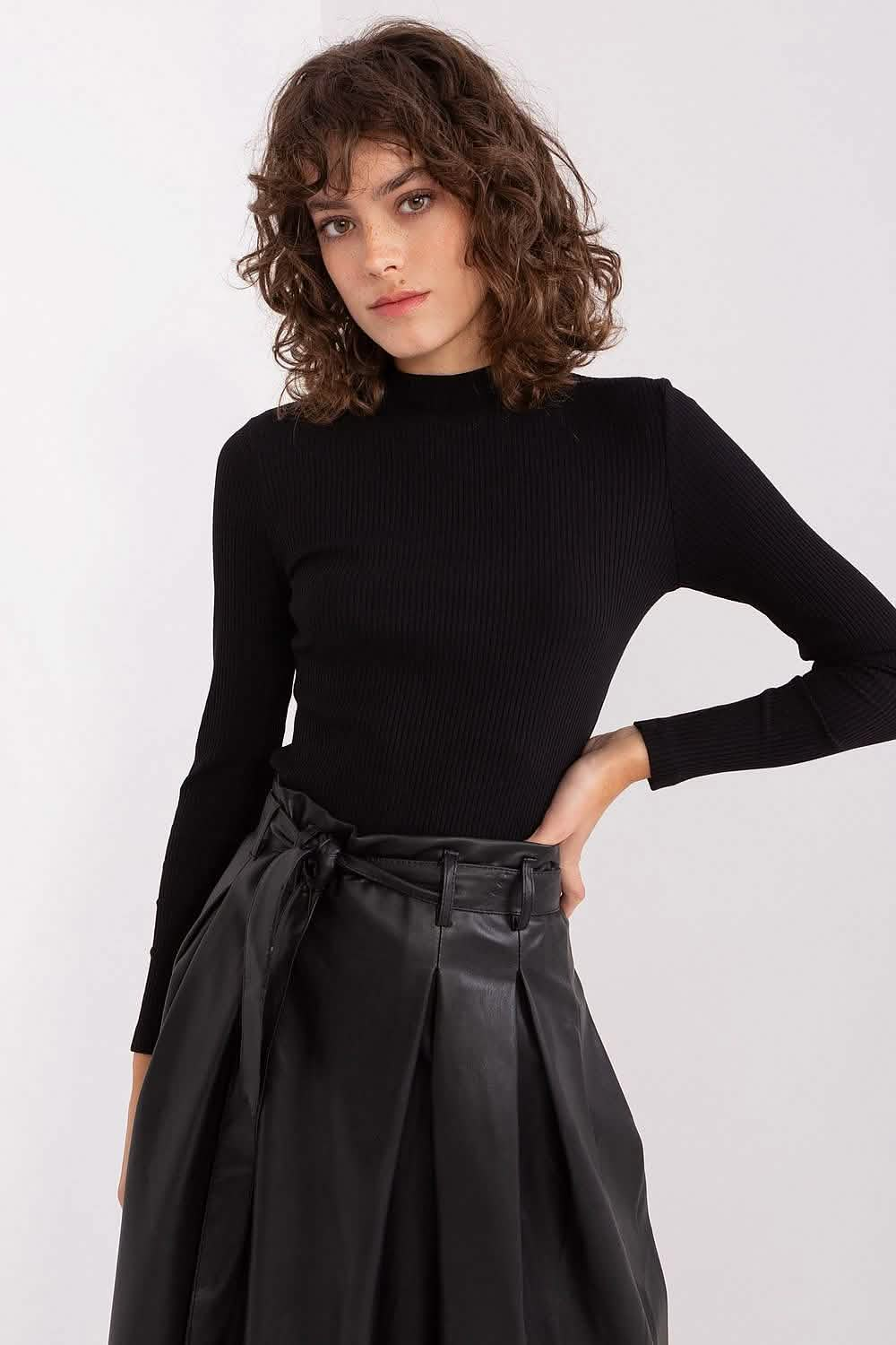 Black turtleneck sweater with long sleeves.