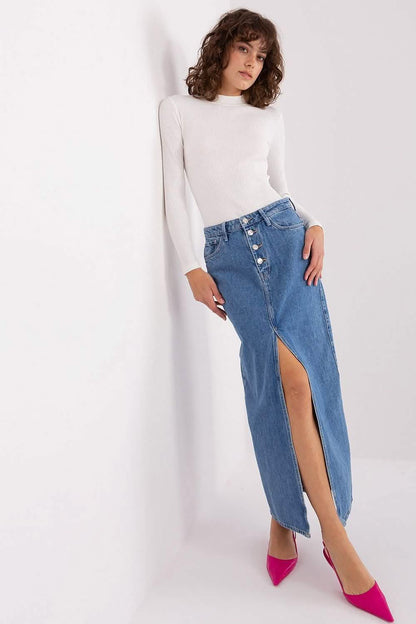 Long denim skirt with a front slit and button details.