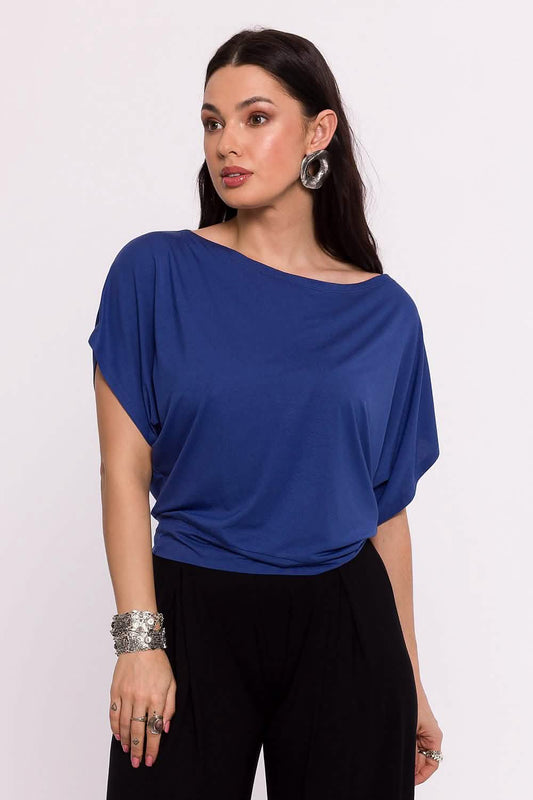 Navy blue batwing-style top with a relaxed fit.