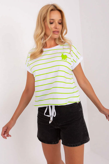 White t-shirt with neon green horizontal stripes and a matching neon accent detail.