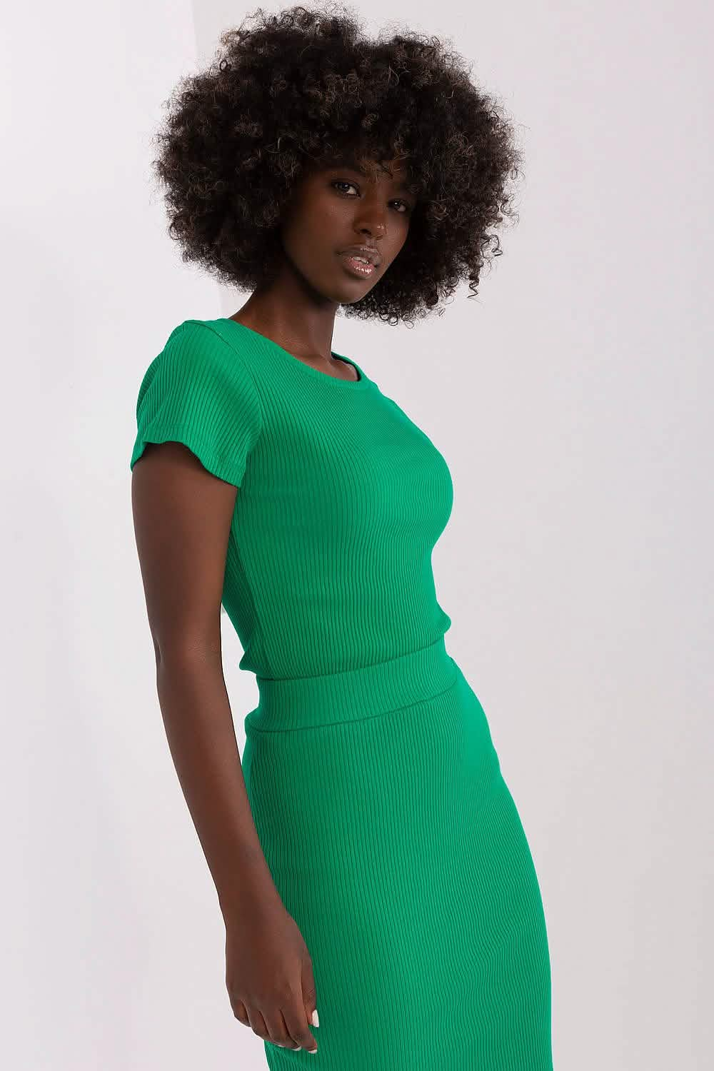 Vibrant emerald green ribbed knit dress with short sleeves.