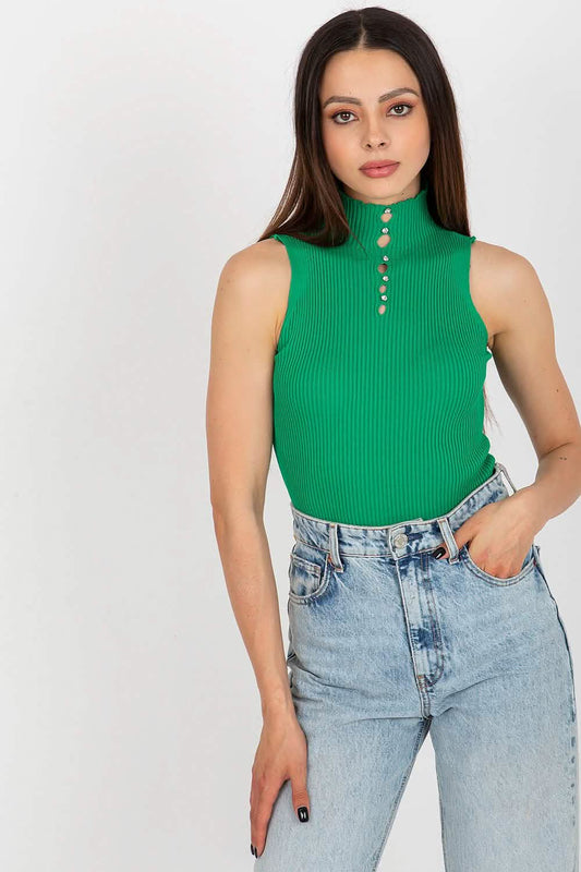 Sleeveless green ribbed turtleneck top with button details at the neck.