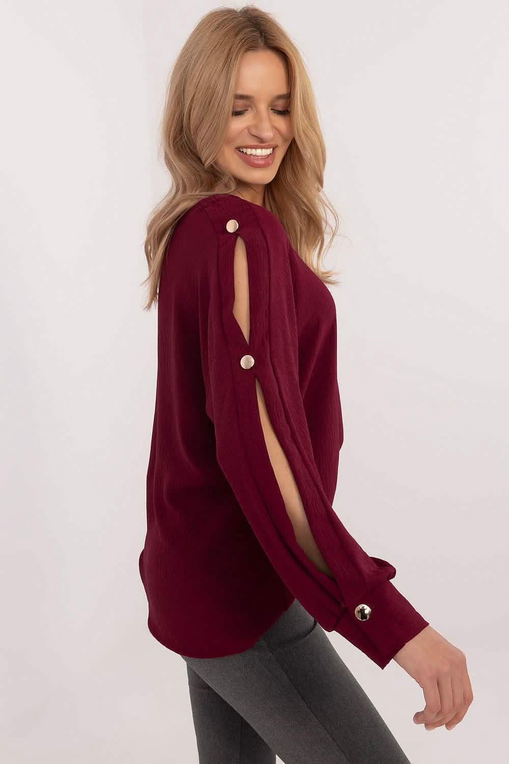 Burgundy sweater with button-detailed split sleeves.