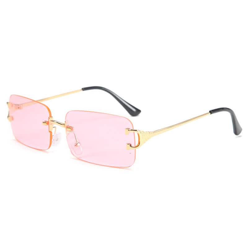 Trendy small-frame sunglasses with pink rectangular lenses, gold-tone metal frames, and black ear tips for modern street fashion.