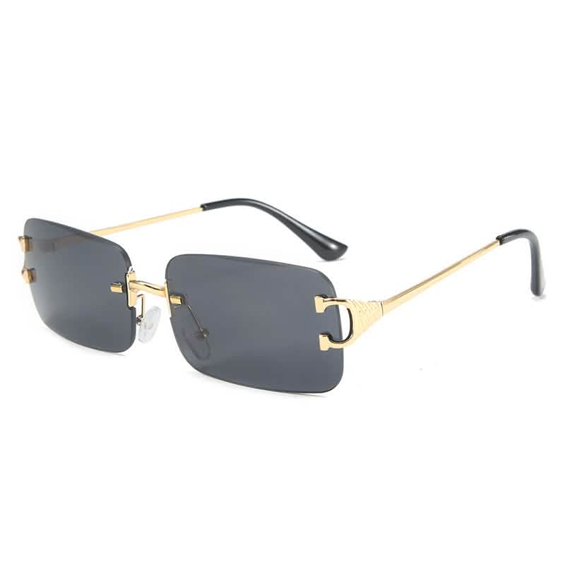 Small-frame sunglasses with dark rectangular lenses, gold-tone trim, and sleek temples; trendy European and American style.