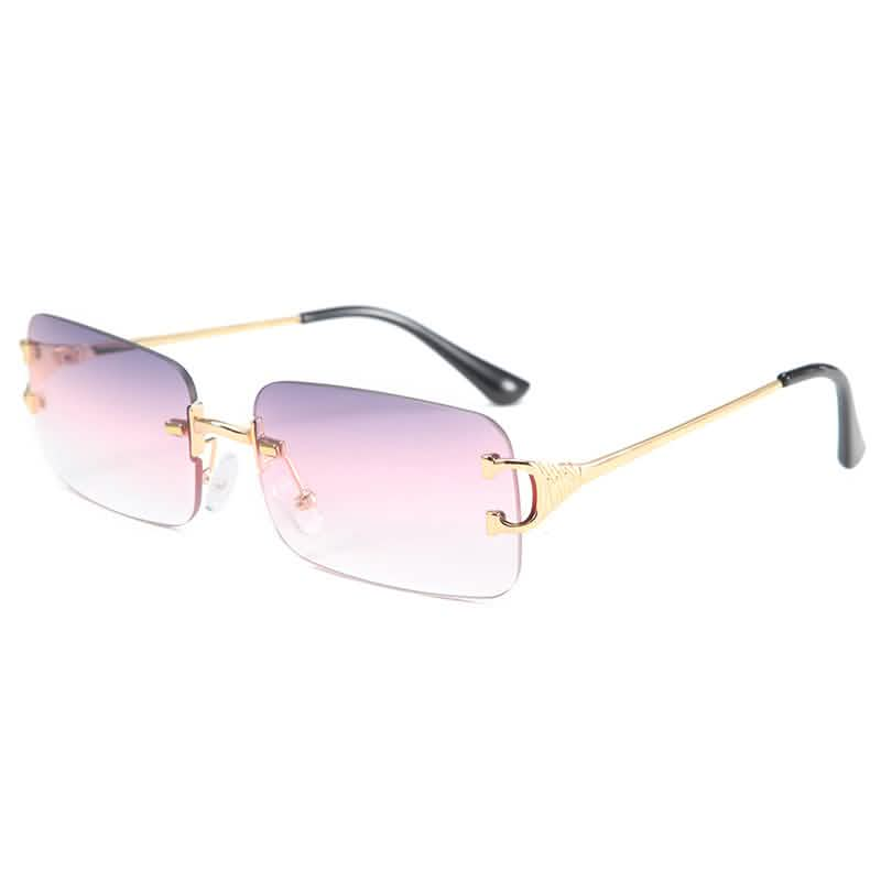 Small-frame sunglasses with gradient purple lenses, gold-tone trim, and black temple tips; 2020 trendy European-American fashion.