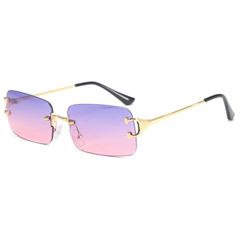 Small-frame sunglasses with gold-tone arms, gradient purple-pink lenses, and unique trim design for trendy European-American style.