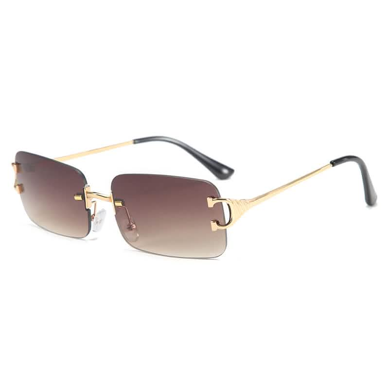 Gold-trimmed small-frame sunglasses with gradient brown lenses, sleek European-American INS street fashion trendy design.